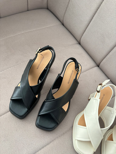 Women Peep Toe Cross Buckle Straps Block Heels